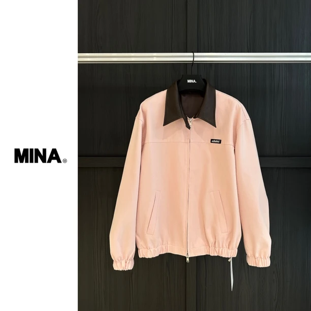 【MINA】Ahhh复古拼接美式PU皮翻领夹克外套