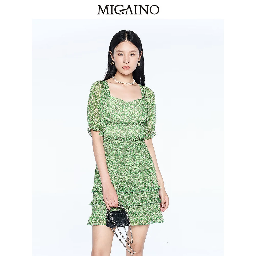 曼娅奴碎花连衣裙女新款木耳边高腰小个子蛋糕裙