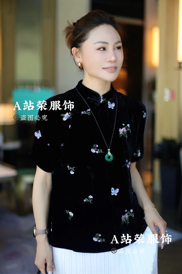 【荣姐精选】雅致国风丝绒蝴蝶短袖