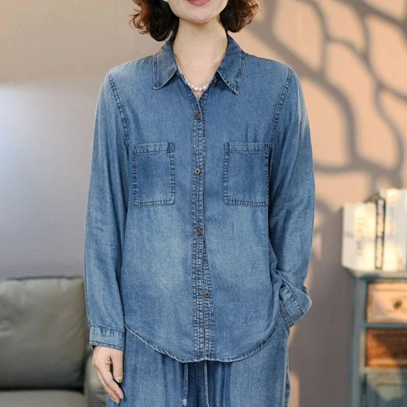 知秋542蓝牛仔衬衫女夏季新品#2025显瘦休闲时尚水洗透气牛仔上衣