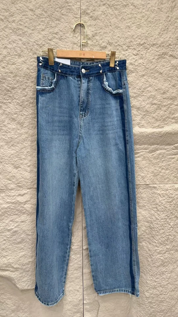 XX.YX设计师款腰可调节慵懒风薄料浅色洗水阔腿直筒裤牛仔裤997