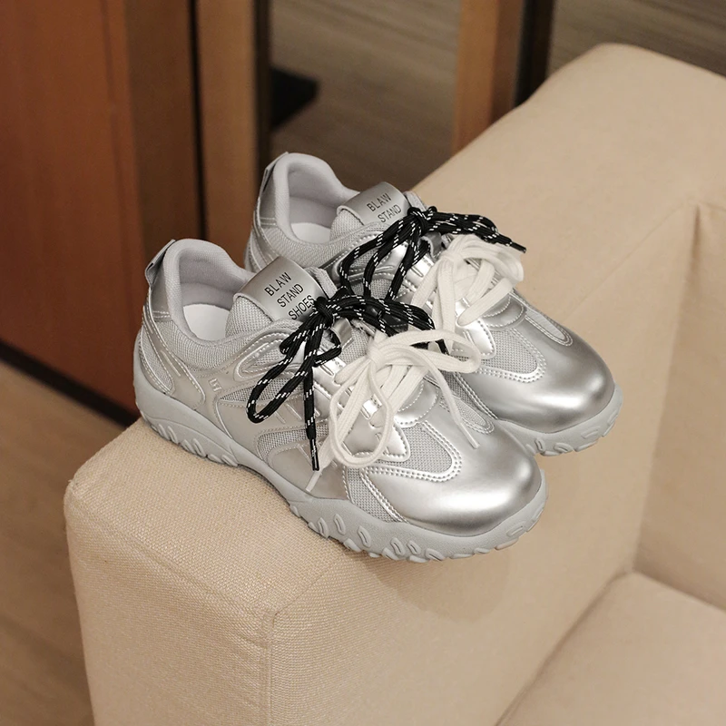 银色复古德训鞋女2025春季新款百搭厚底运动休闲网面透气阿甘鞋女
