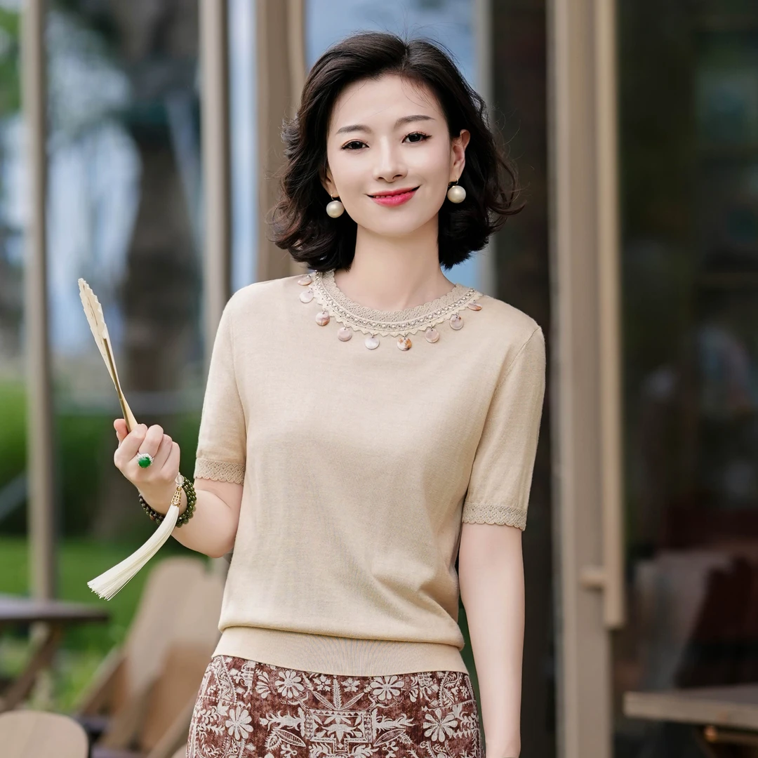 西子/【西厢】天然重磅柞蚕丝圆领贝壳蕾丝边针织T恤/MSBH1218