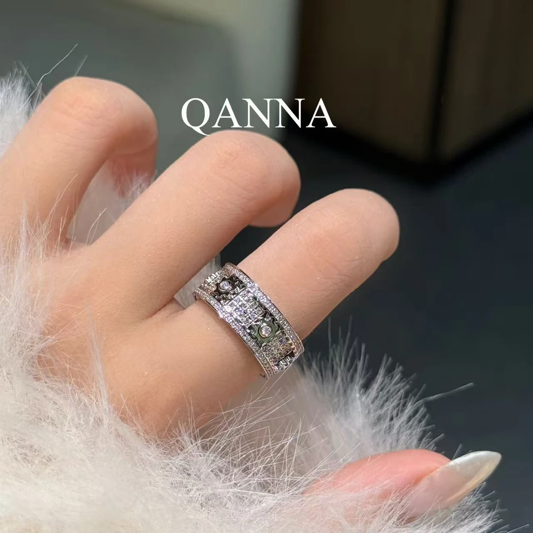 QANNA【满钻齿轮转动】【豪华重金版】欧美个性风奢华高级钻石戒指AY
