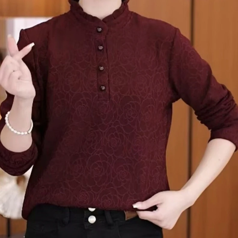 2025洋气中式打底长袖上衣百搭新款提花高领妈妈时尚