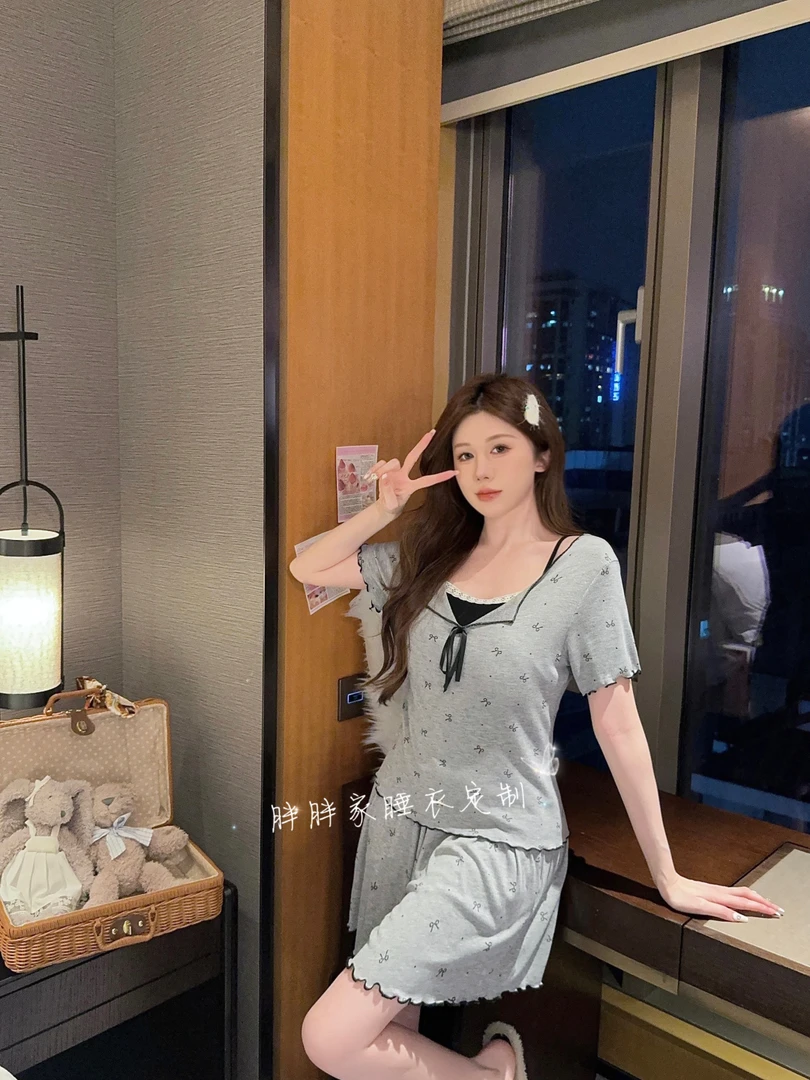 【梦蝶】假两件显瘦蕾丝蝴蝶结睡衣女纯欲夏季套装可外穿短袖带胸垫