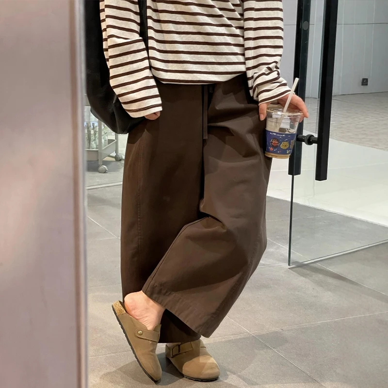 秋季大码咖棕色直筒阔腿休闲裤女梨型遮胯显瘦美拉德色系九分裤子