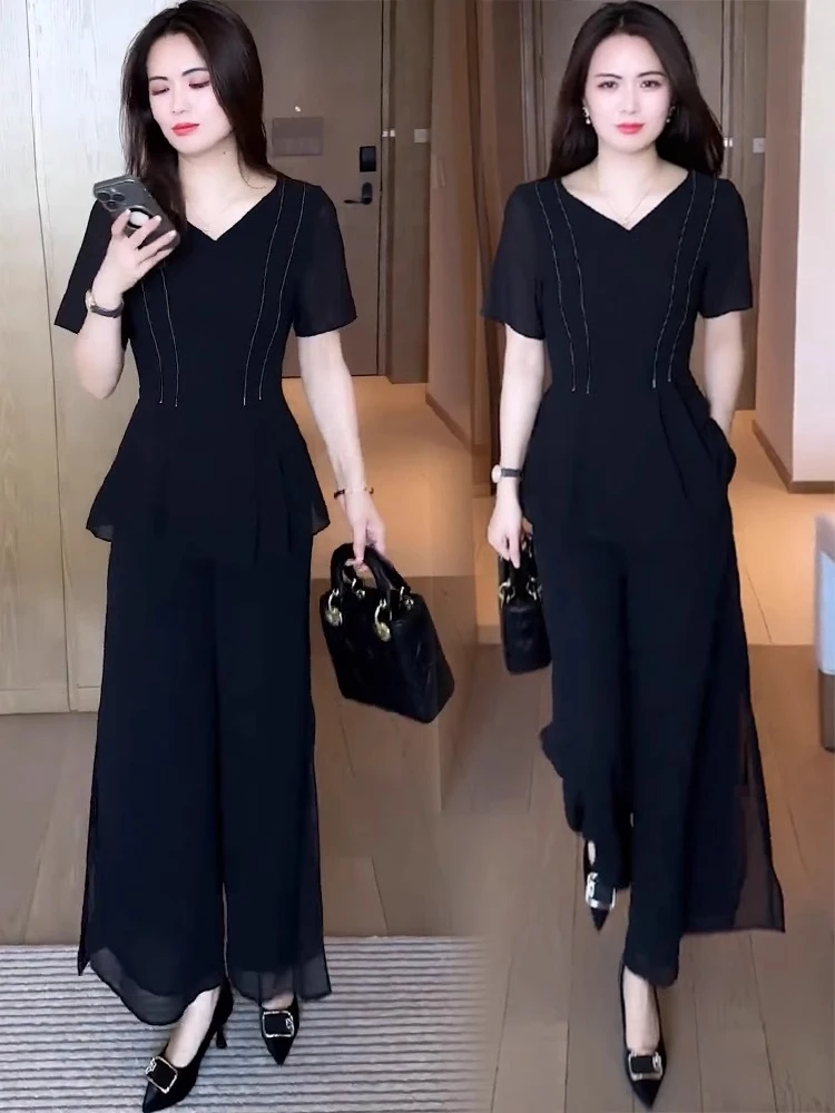 时尚套装女2025夏季新款洋气显瘦减龄雪纺短袖上衣阔腿裤两件套潮