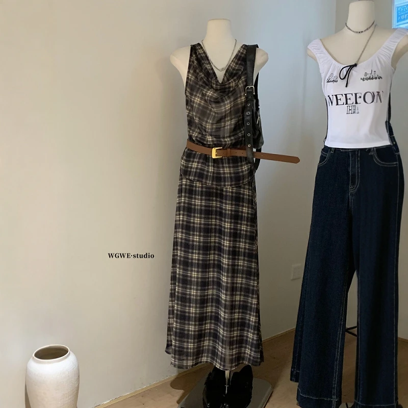 法式气质复古格子荡领吊带背心+高腰半身裙大摆裙两件套女夏季