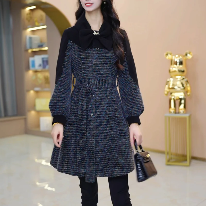 轻奢宽松小香风爆款毛呢外套2025秋冬新款休闲拼接时尚中长款大衣