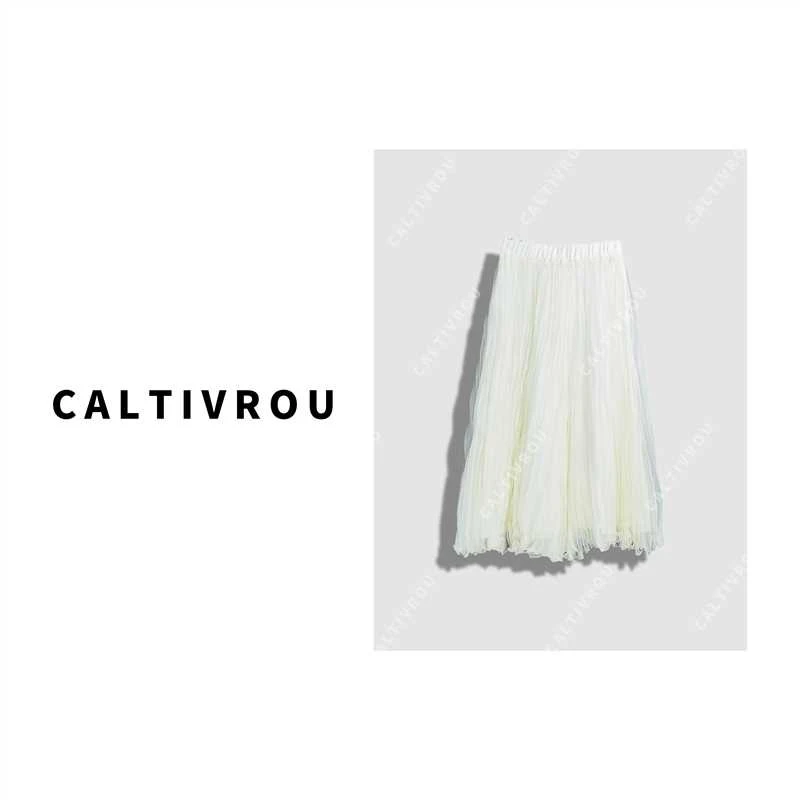 Caltivrou显瘦高腰百褶半身裙春装女伞裙中长款裙子A字长裙Q15122