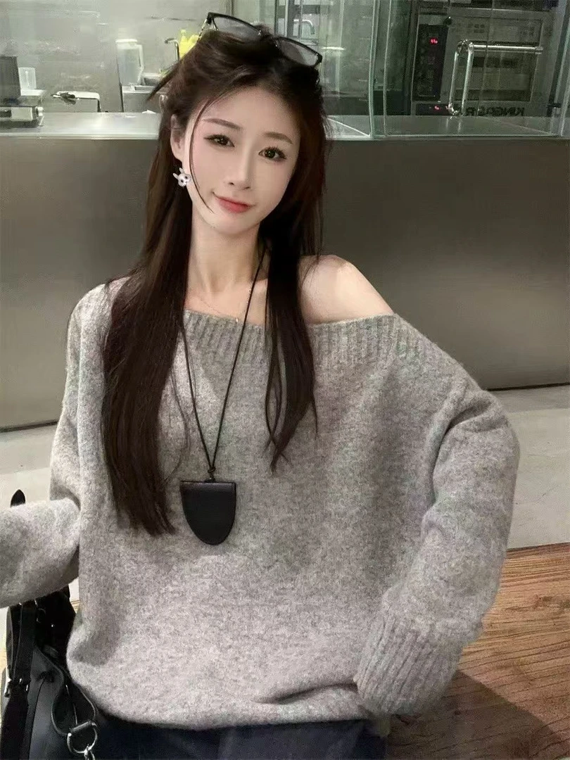 长袖一字领毛针织衫时尚厚款纯色慵懒风圆领针织宽松