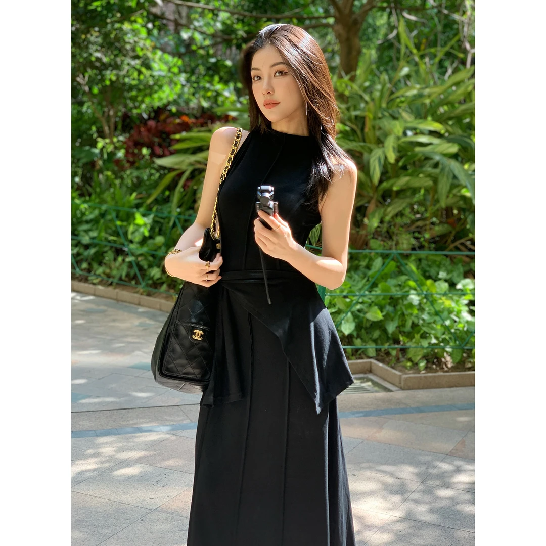 JIJINQI时尚气质显瘦夏季无袖设计感黑色连衣裙两件套JD03LZXL643