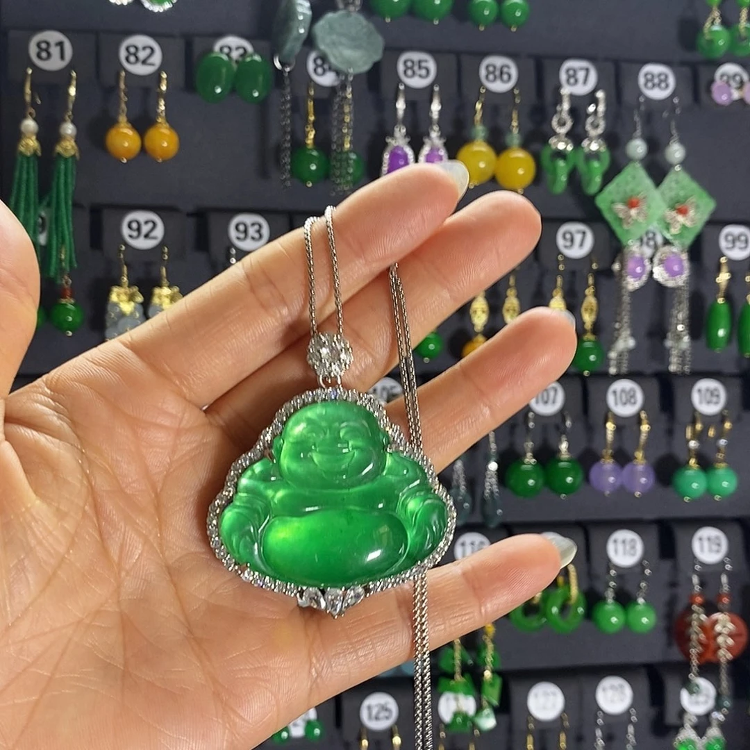 银S925镶嵌翡翠耳饰大佛
