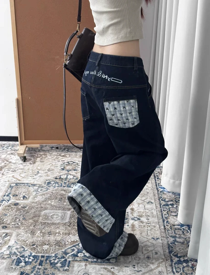 字母刺绣蝴蝶结格子拼接牛仔裤女2025秋冬季新款宽松直筒阔腿裤子