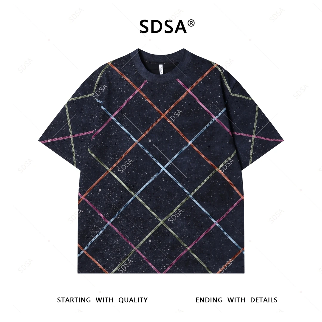 夏季高级感新款男士潮牌彩色缝线格子设计短袖T恤时尚圆领上衣潮