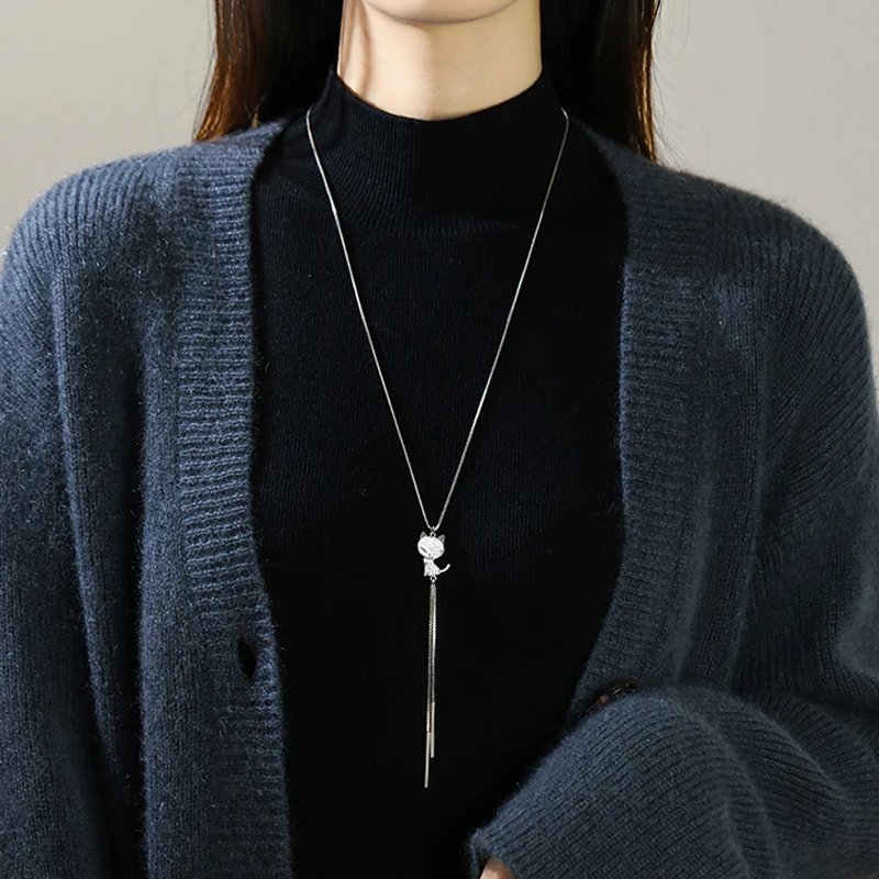 坠链均925银合成锆石 毛衣链女长款秋冬百搭毛衣项链配饰品2025款