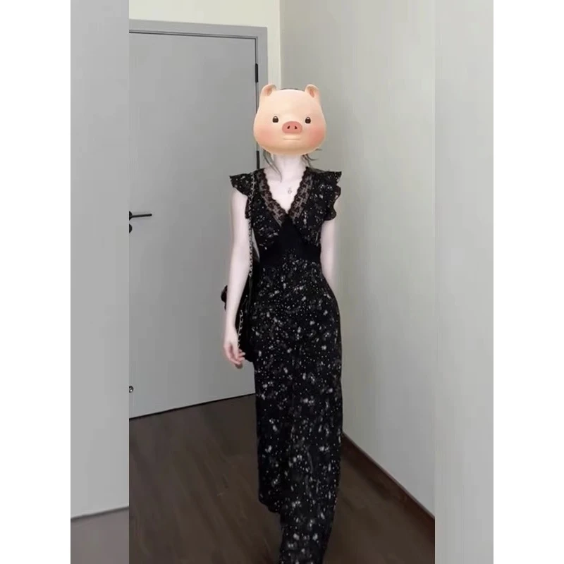 【运补6-8】茶歇法式气质黑色蕾丝拼接高级感碎花大方得体收腰a字裙