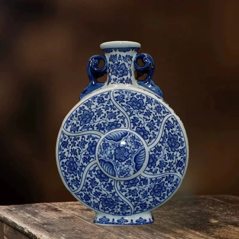 青花花鸟纹双耳抱月瓶手工中式家居国风摆件