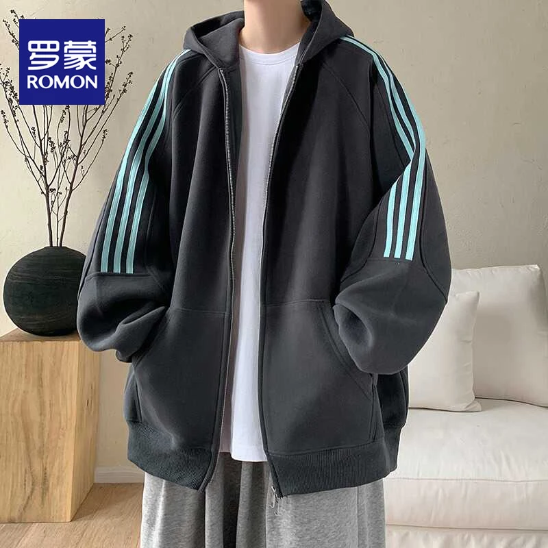 罗蒙重磅三条杠开衫卫衣男款春秋季美式高街夹克痞帅宽松连帽外套