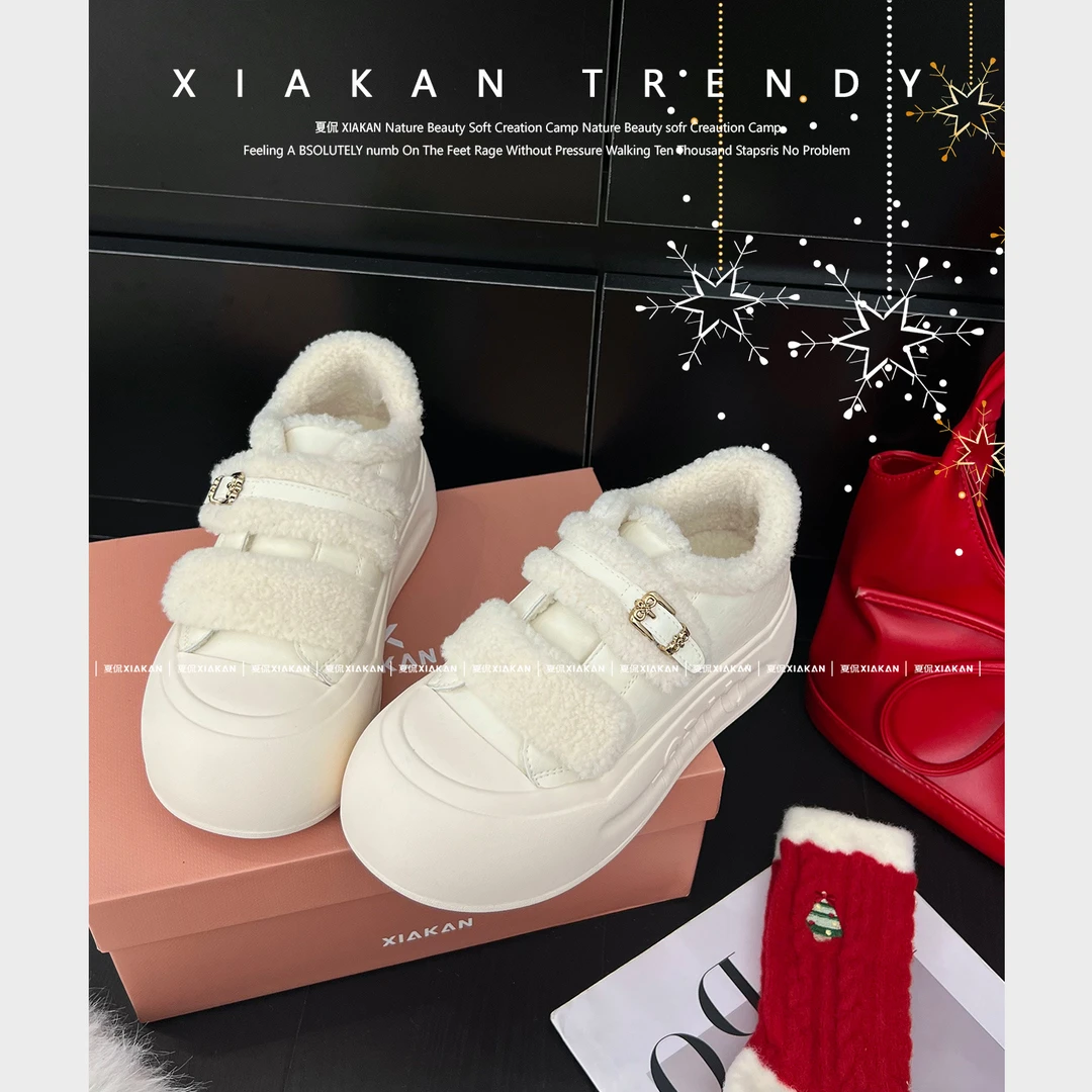 夏侃XIAKAN 5cm内增高加绒魔术贴时尚百搭运动板鞋女冬休闲小白鞋
