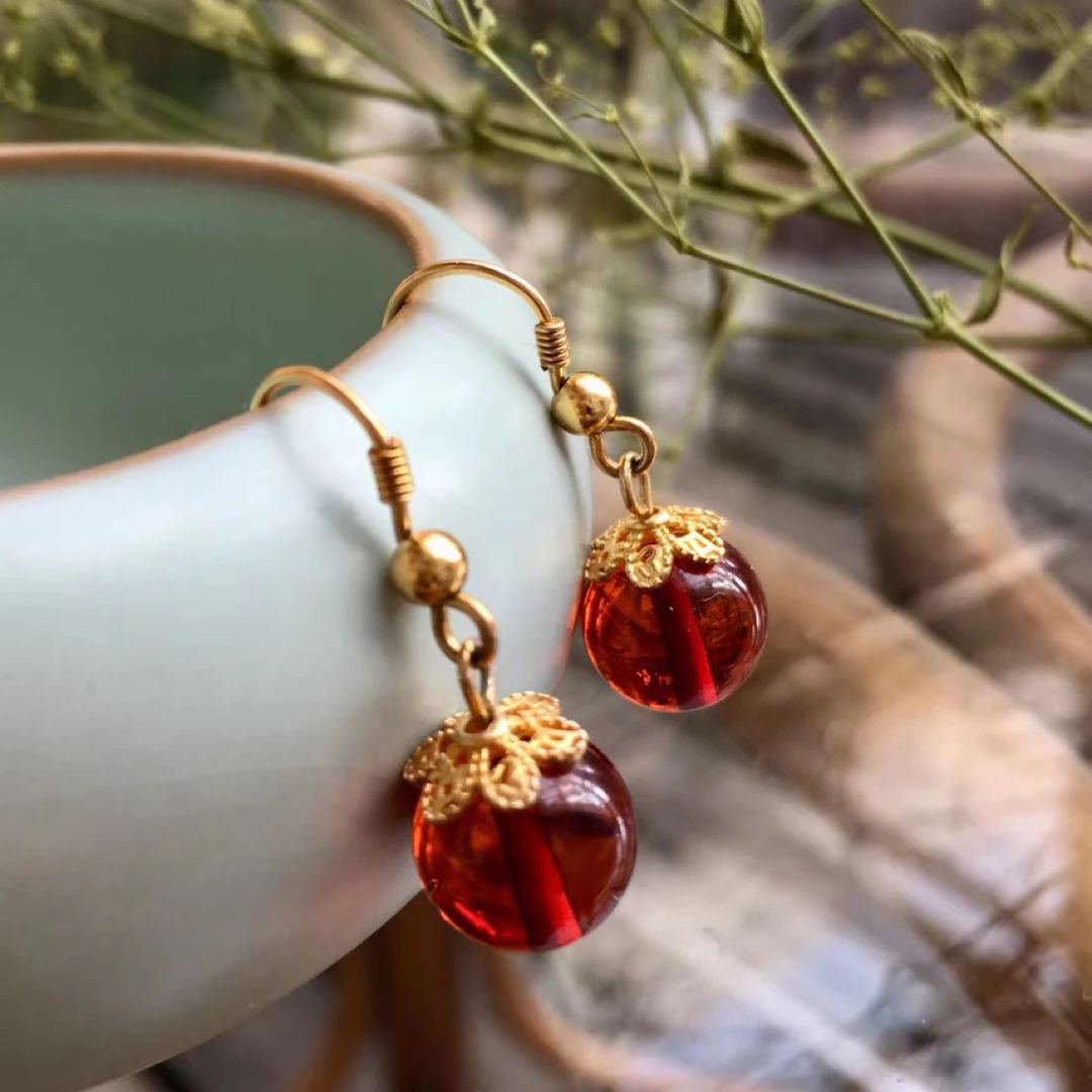 银镶精品血珀琥珀耳环