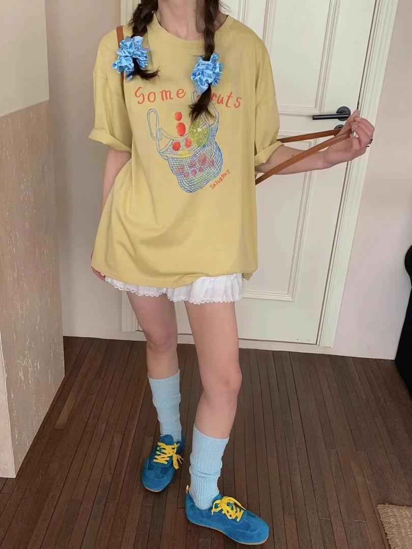 短袖圆领印花落肩袖街头风T恤少女ol韩版夏季时尚2788cc