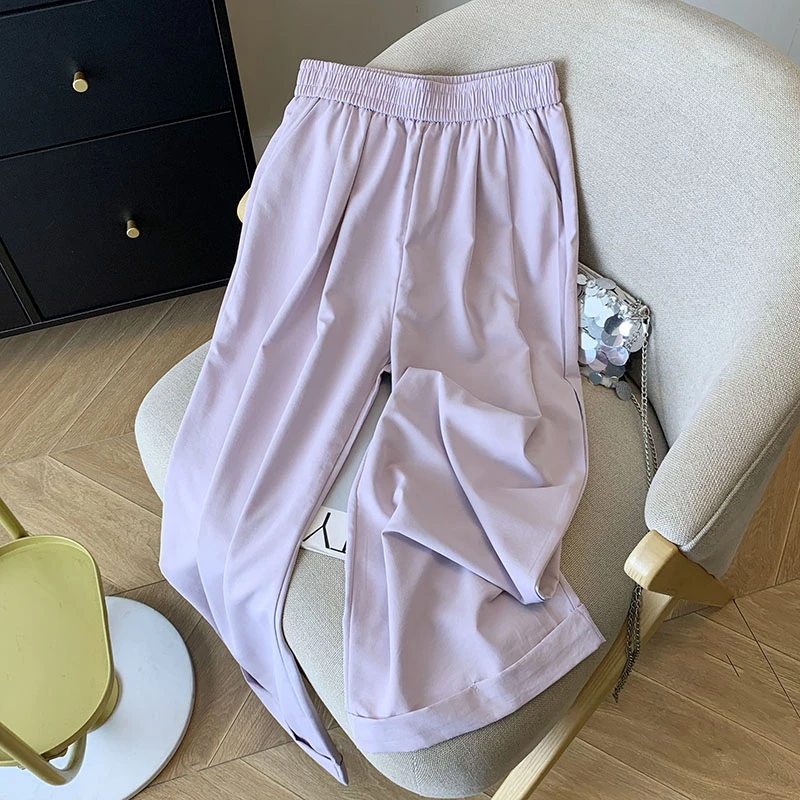 冰丝百搭九分阔腿裤女夏季薄款新款高腰宽松垂感小个子卷边直筒裤