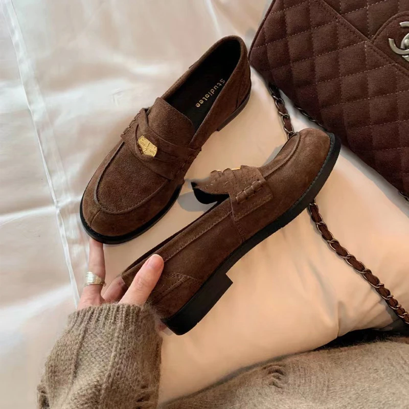 伦敦落日~百搭英伦复古圆头小金币懒人小皮鞋乐福单鞋女