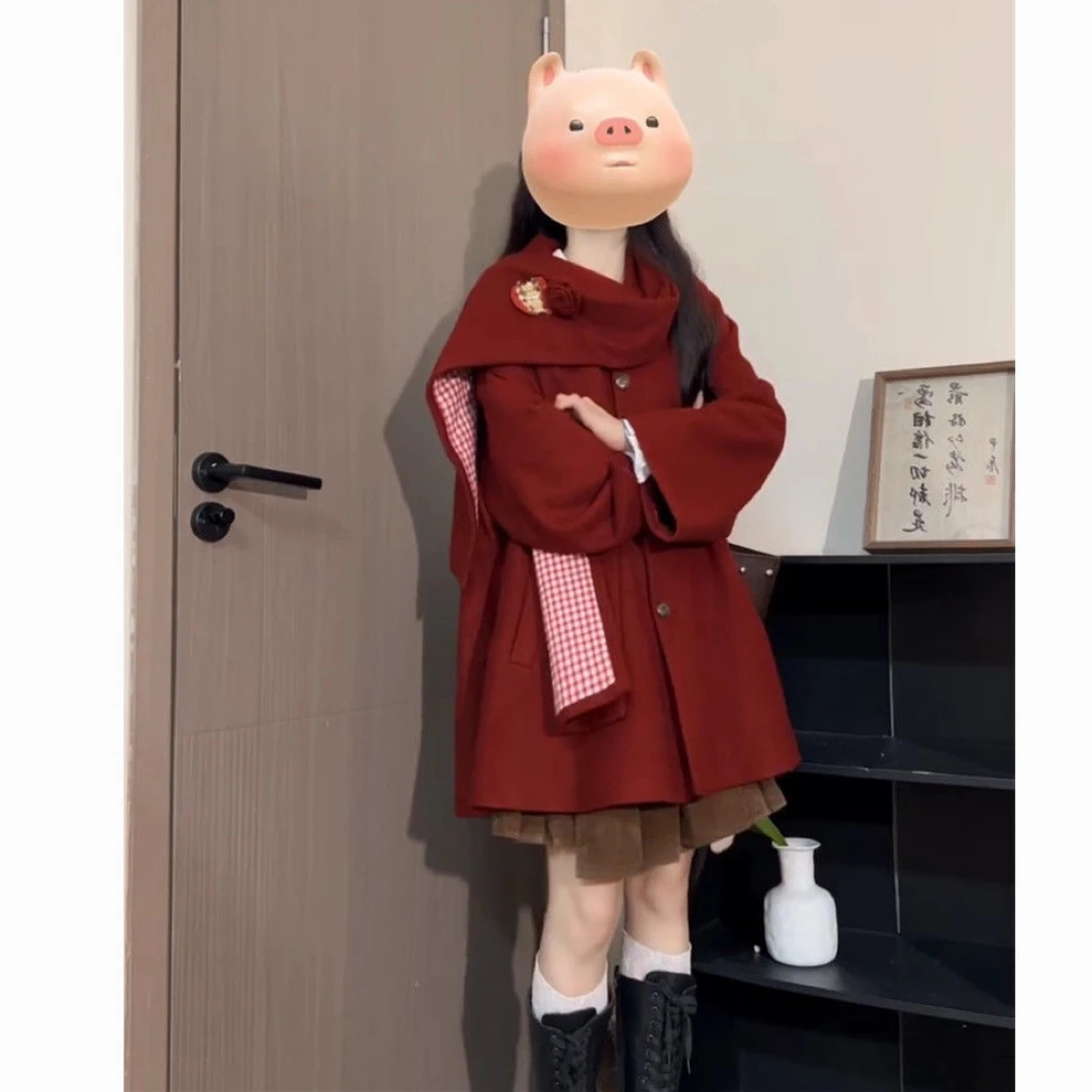 富家千金风红色短款毛呢外套女小个子洋气设计感呢子大衣秋冬