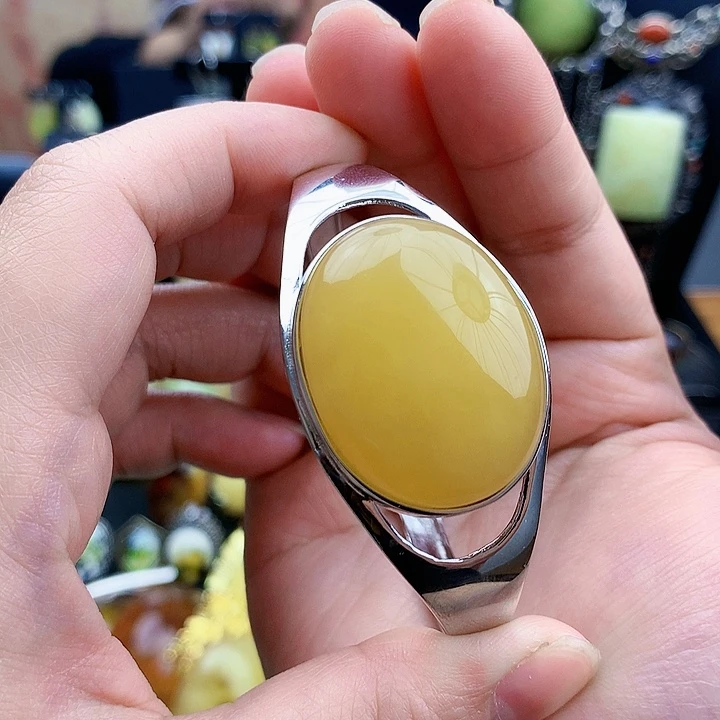 琥珀裸石银S925镶嵌手镯