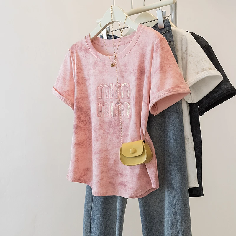 大码女装2025夏季新款字母刺绣珠片设计感显瘦短袖T恤上衣1937