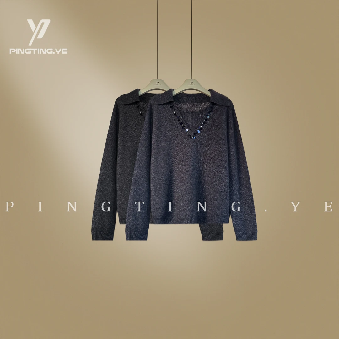 PINGTING.YE“山羊绒羊毛”翻领小众亮片设计针织毛衣PT9007