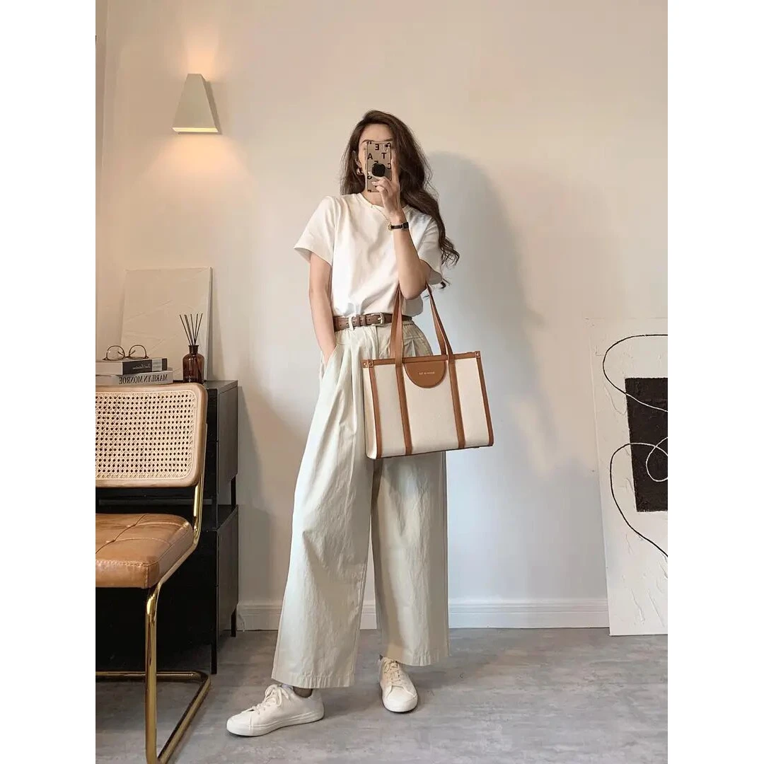 洋气衣服女2025夏季韩系休闲气质慵懒风白色T恤上衣高腰休闲长裤