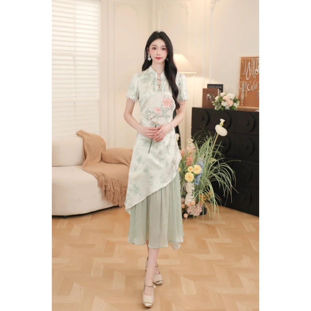 鹿向南【绿浮轻纱】新中式连衣裙夏季不规则女显瘦收腰裙QJD00231