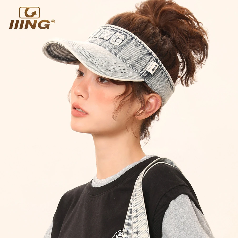 IIING帽控 水洗做旧复古浮雕字母遮阳防晒牛仔空顶帽时尚户外休闲
