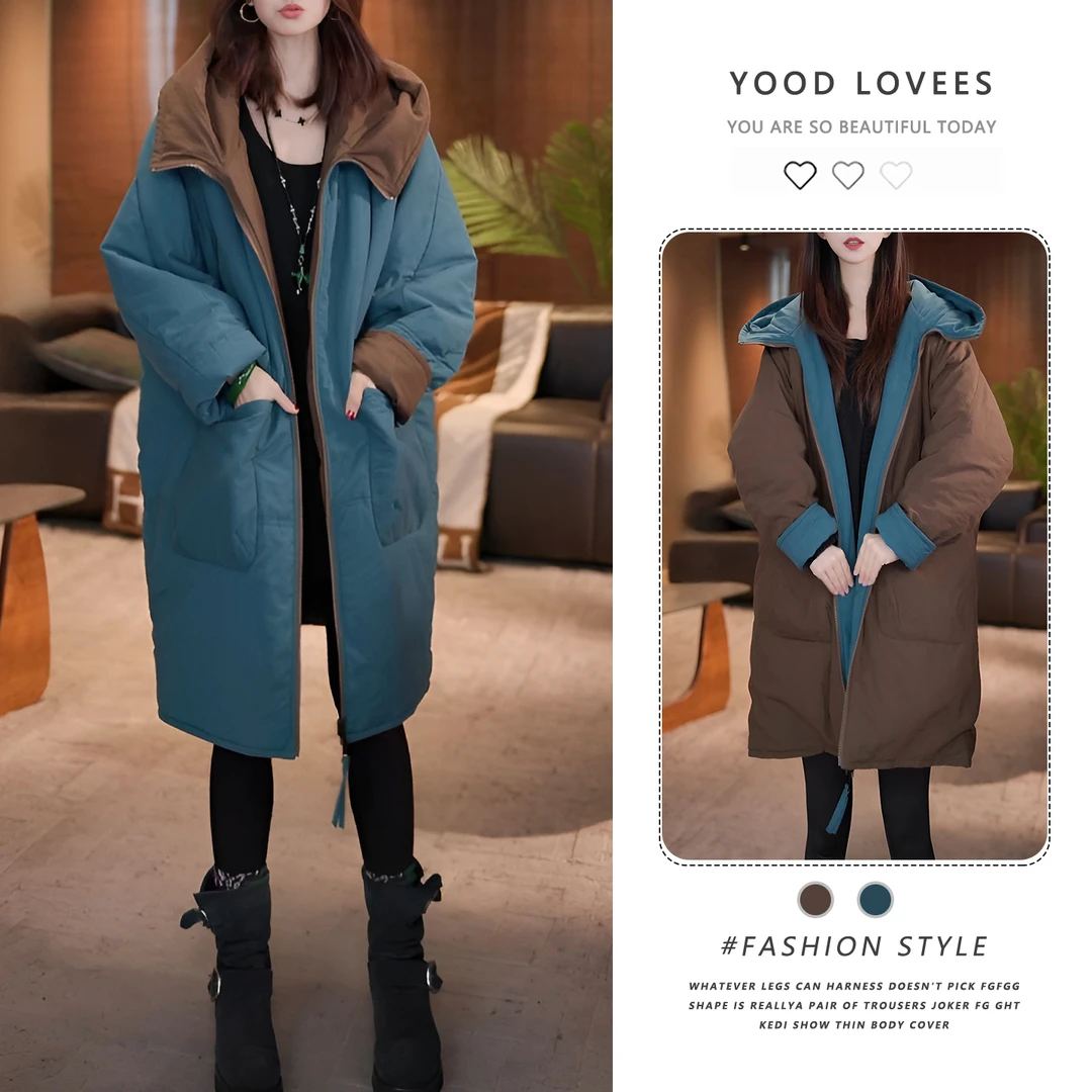 复古休闲宽松中长款连帽夹棉外套女秋冬新款双面穿加厚棉衣棉服女