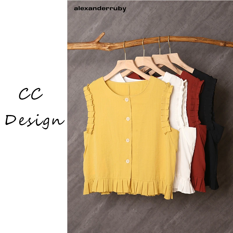 CAICAI-【蝶恋花】韩系圆领花边袖背心衬衫夏季时尚百搭衬衫173012