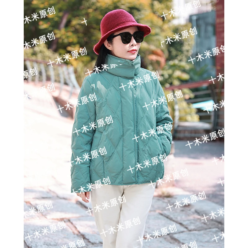 百灵鸟/十木米原创冬新款菱形格新国标90白鸭绒加厚羽绒服短外套