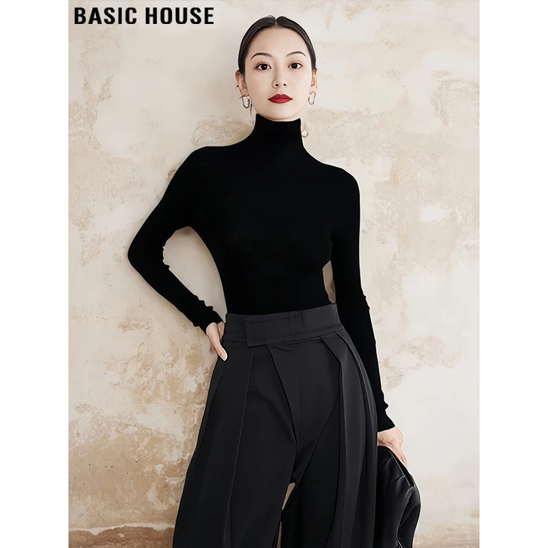 Basic House/百家好100%全羊毛高领针织打底衫女早秋修身内搭毛衣