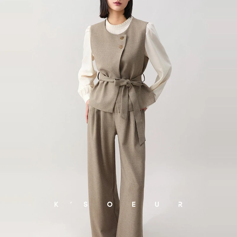 K姐KSOEUR【文艺家】百百莱赛尔小衫+人棉马甲裤子三件套套装女