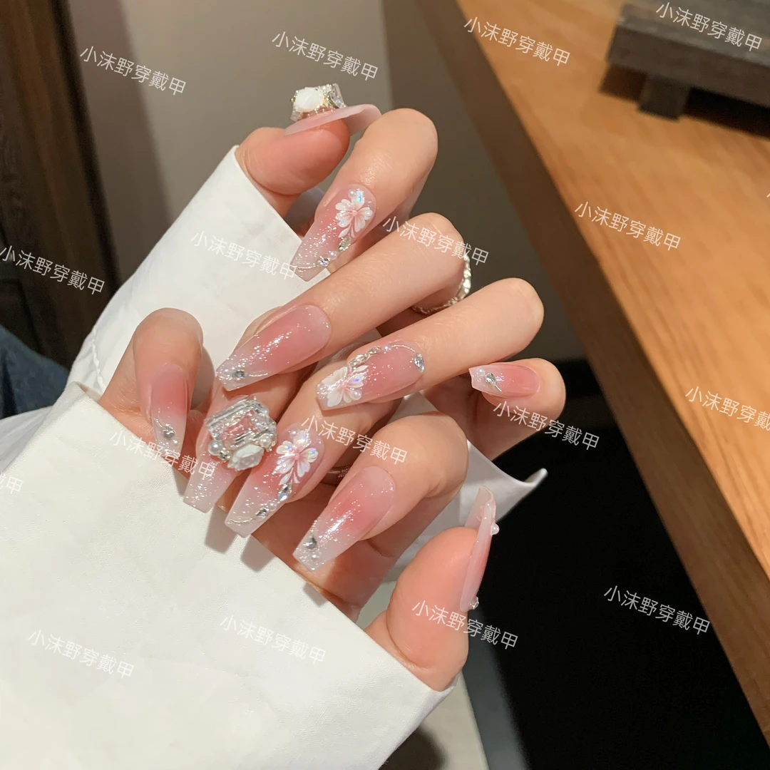 【粉黛】小沫野手工穿戴甲粉粉嫩嫩白色方糖钻春日仙气美甲系列~~~~