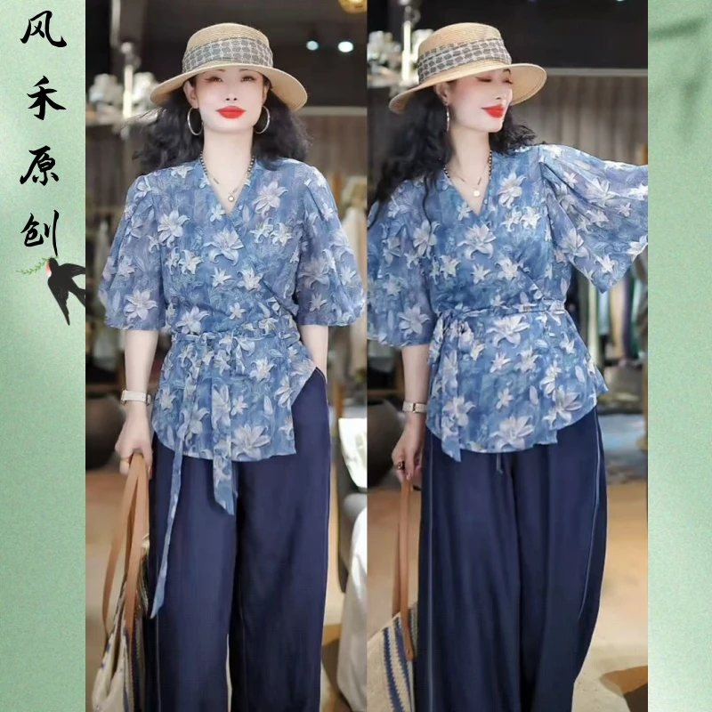 风禾原创【蓝桉】夏季时尚洋气显瘦V领扎染设计感系绳防晒小衫