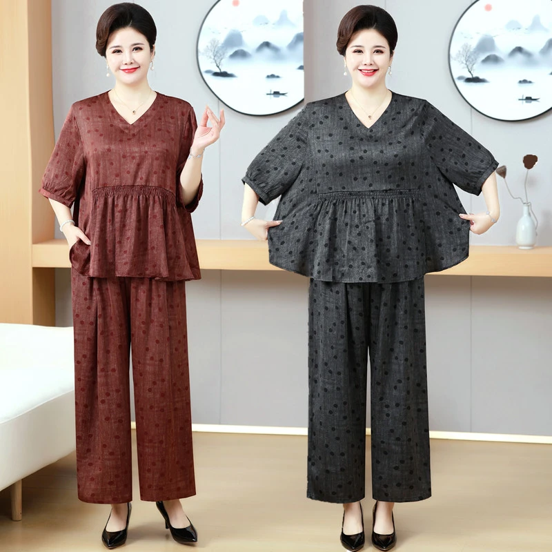 波点大码女装阔腿裤时尚中老年妈妈夏装200斤遮肚短袖V领两件套装