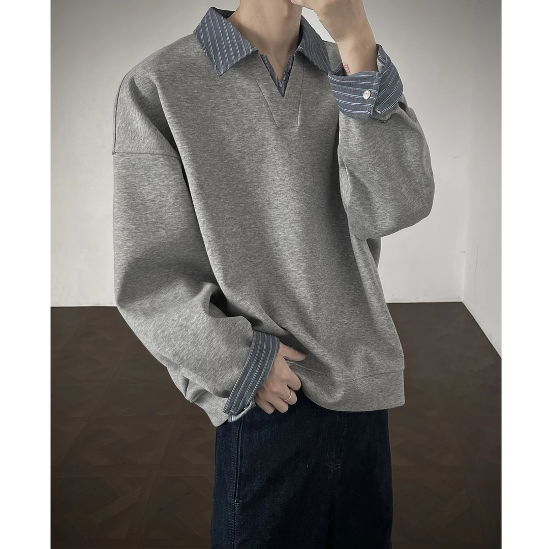 美式复古条纹衬衫领假两件卫衣男cleanfit休闲半开襟翻领套头衫秋