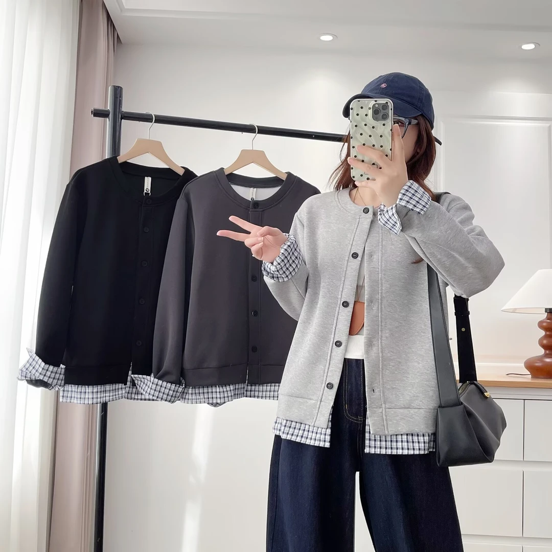 大码女装 胸108-132 拼接格子外套3088#