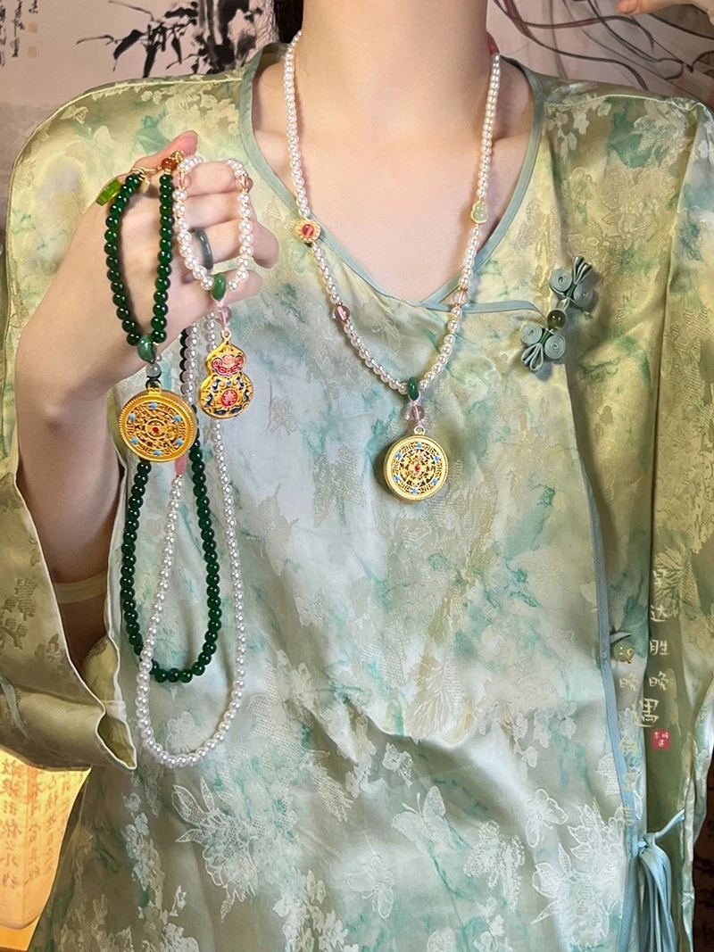 铜仿珍珠项链 新中式五福圆牌串珠项链女马面裙汉服旗袍毛衣链潮