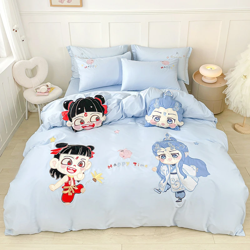 哪吒纯棉四件套儿童绣花被套被单被罩卡通柔软全棉单人床用三件套