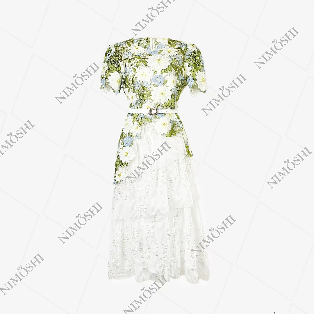 【夏夏专属】新款时尚重工水溶网纱刺绣蕾丝碎花连衣裙Q1346