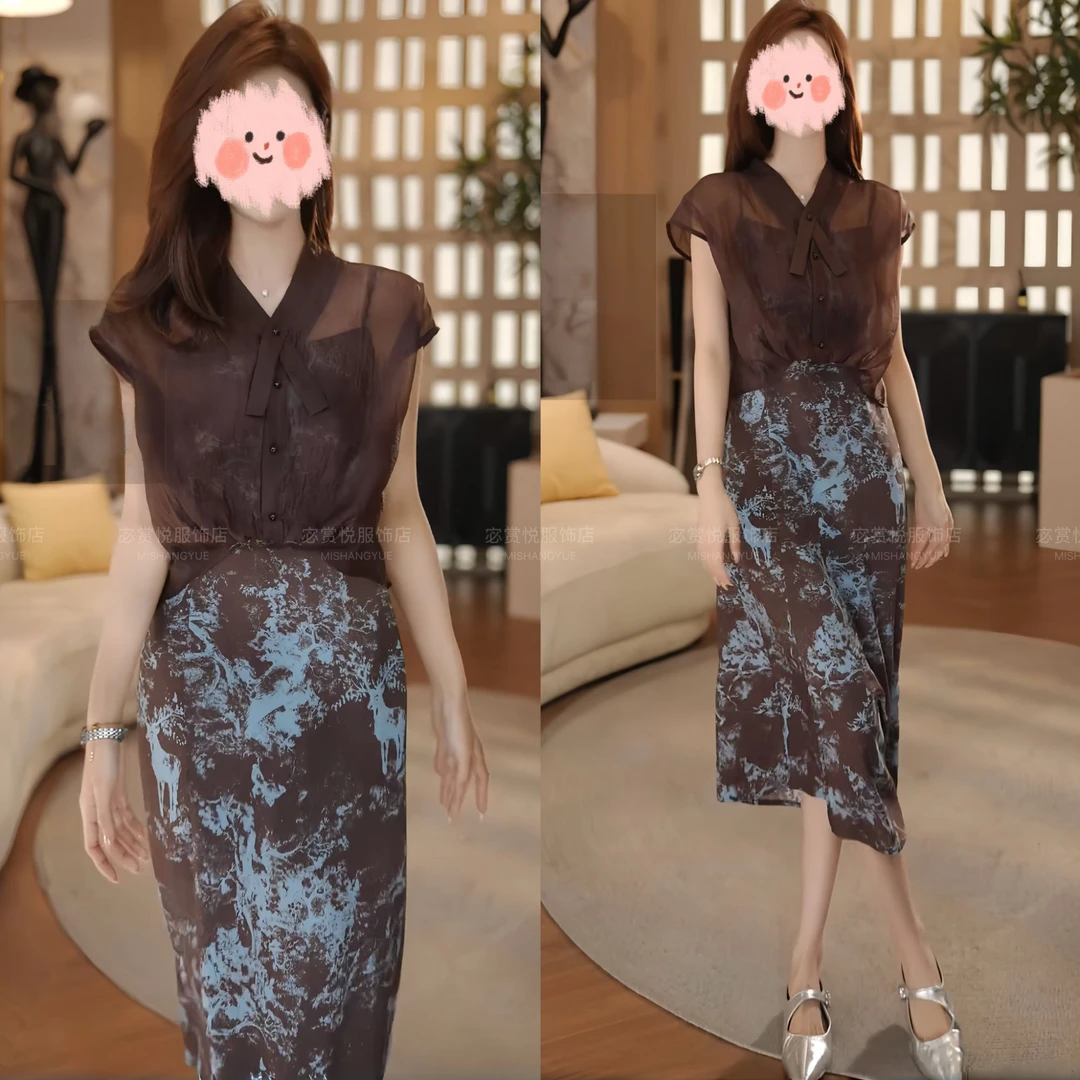 2025夏季新款法式高级感水墨印花吊带连衣裙衬衫两件套时尚套装女